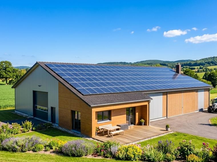 Bâtiment agricole dont la toiture entière est couverte de panneaux photovoltaïques