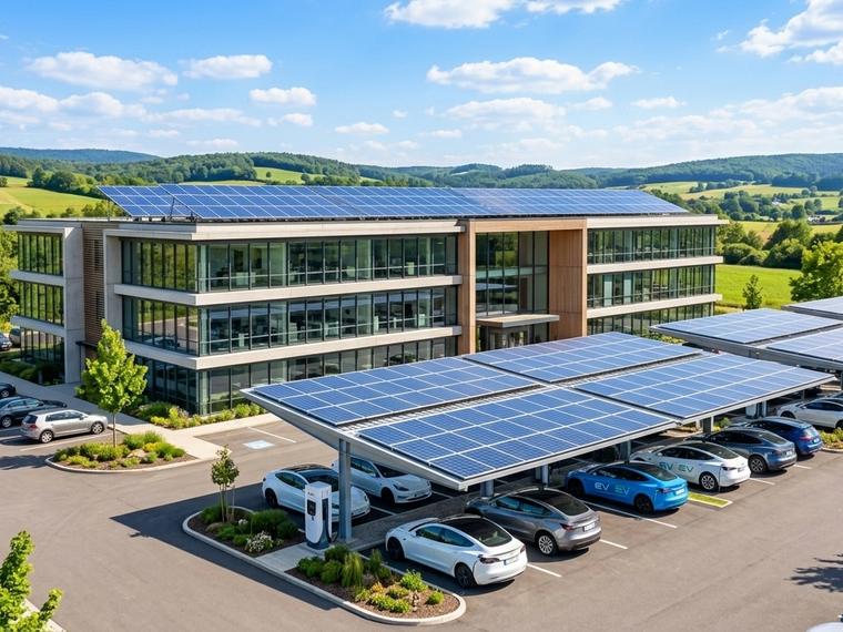 Bâtiment tertiaire avec toiture photovoltaïque et ombrière de parking équipée de bornes de recharge