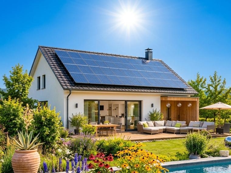 Maison individuelle équipée de panneaux solaires en toiture