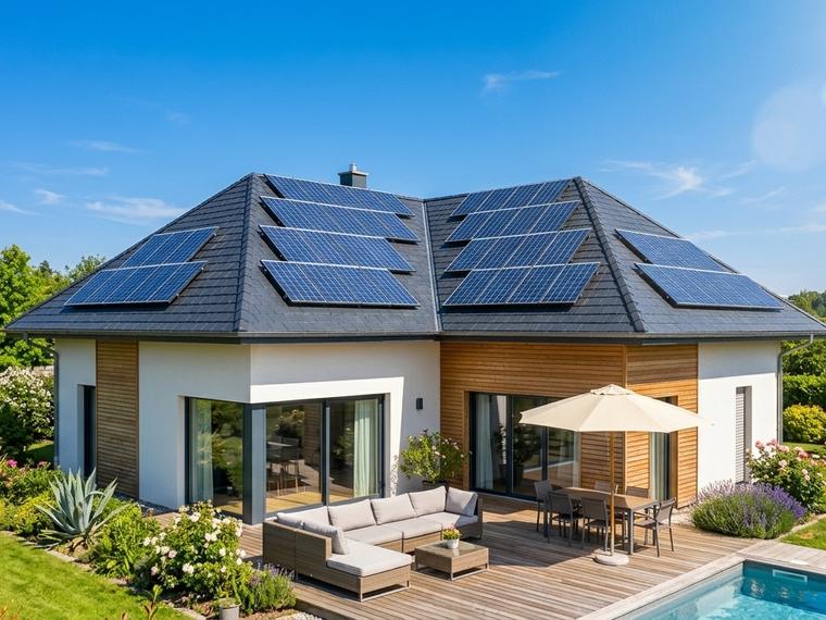 Maison à toiture d'ardoise à quatre pans équipée de panneaux solaires