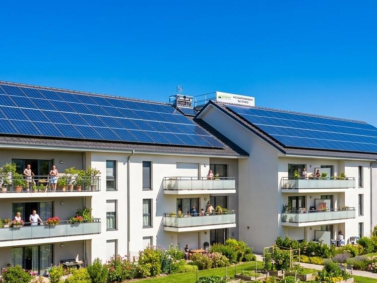 Immeuble en copropriété dont les deux toitures portent des panneaux solaires