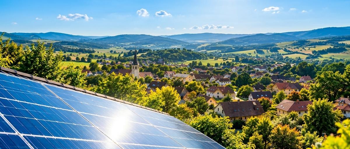 Toiture photovoltaïque dominant un village et sa vallée au lever du soleil